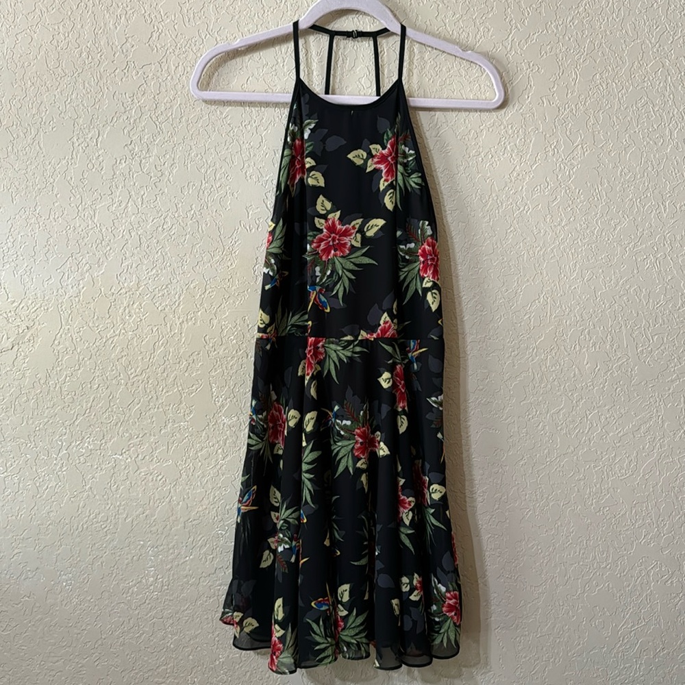 Black Tropical Print Halter Strapy Back Dress